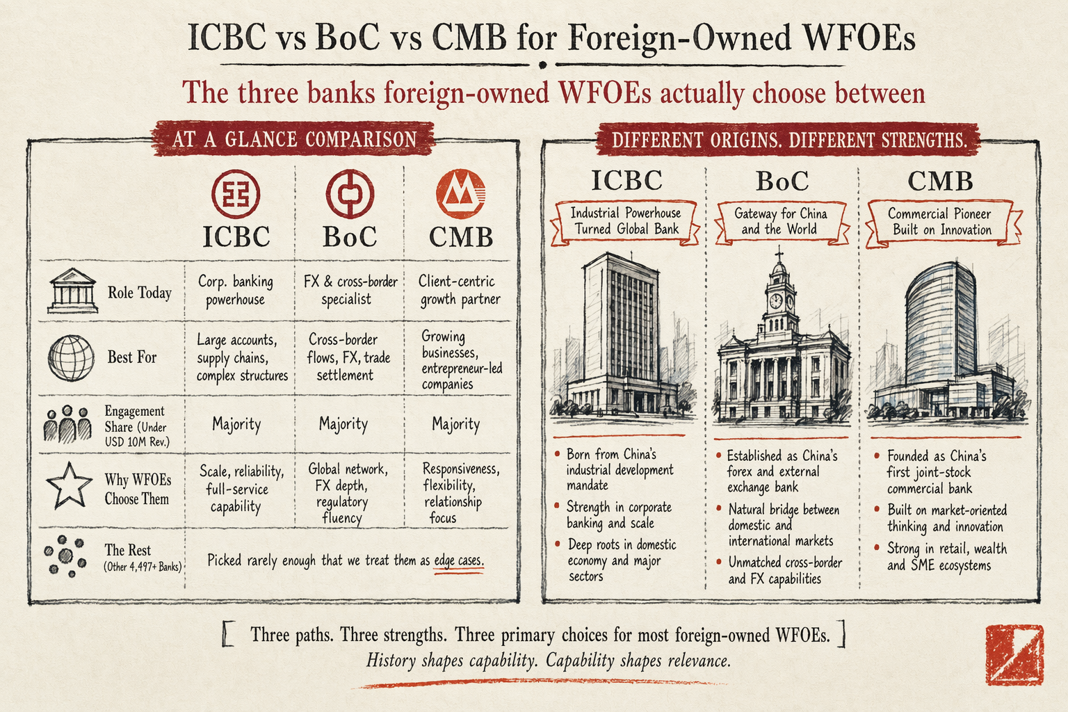ICBC vs BoC vs CMB for Foreign-Owned WFOEs — key considerations illustration