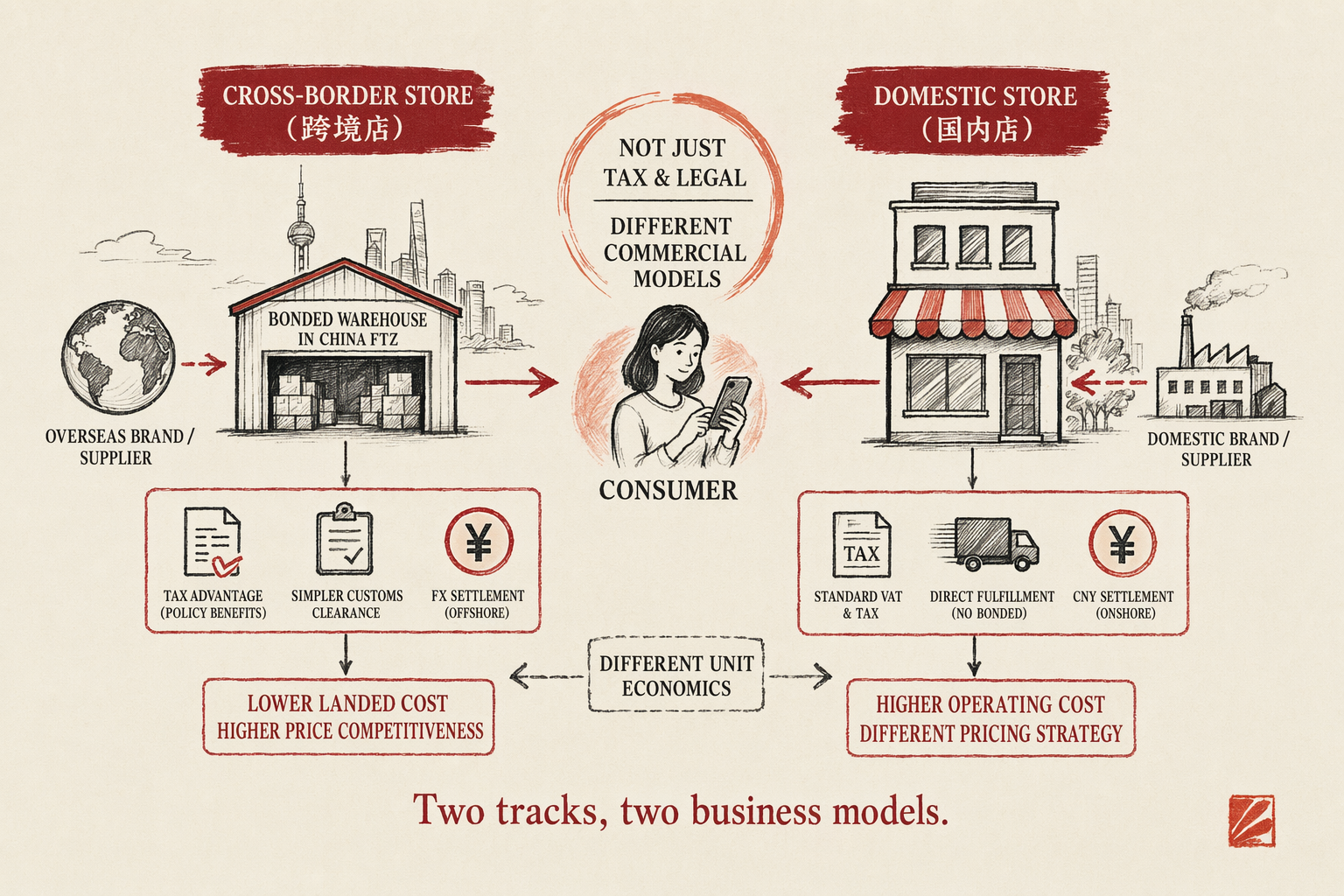 Xiaohongshu Cross-Border vs Domestic Store — key considerations illustration