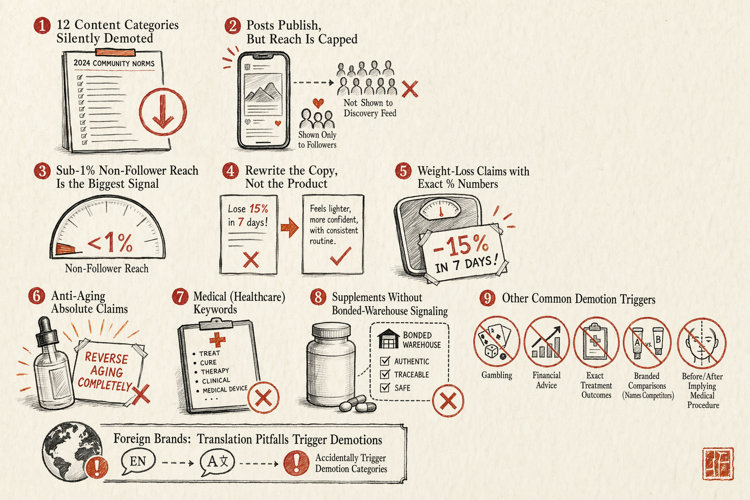 Xiaohongshu Brand-Content Categories That Get Suppressed — overview illustration